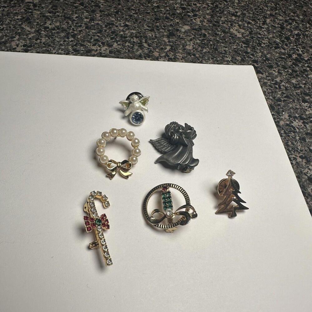 Christmas Holiday Brooch Pin Lot Of 6 Candy Cane, Wreath, Candle, Angel, Tree